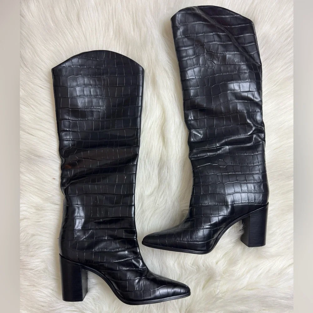 New Schutz Maryana Block Wide Crocodile Boot Black Chunky Heel Point Toe Western - Picture 3 of 6